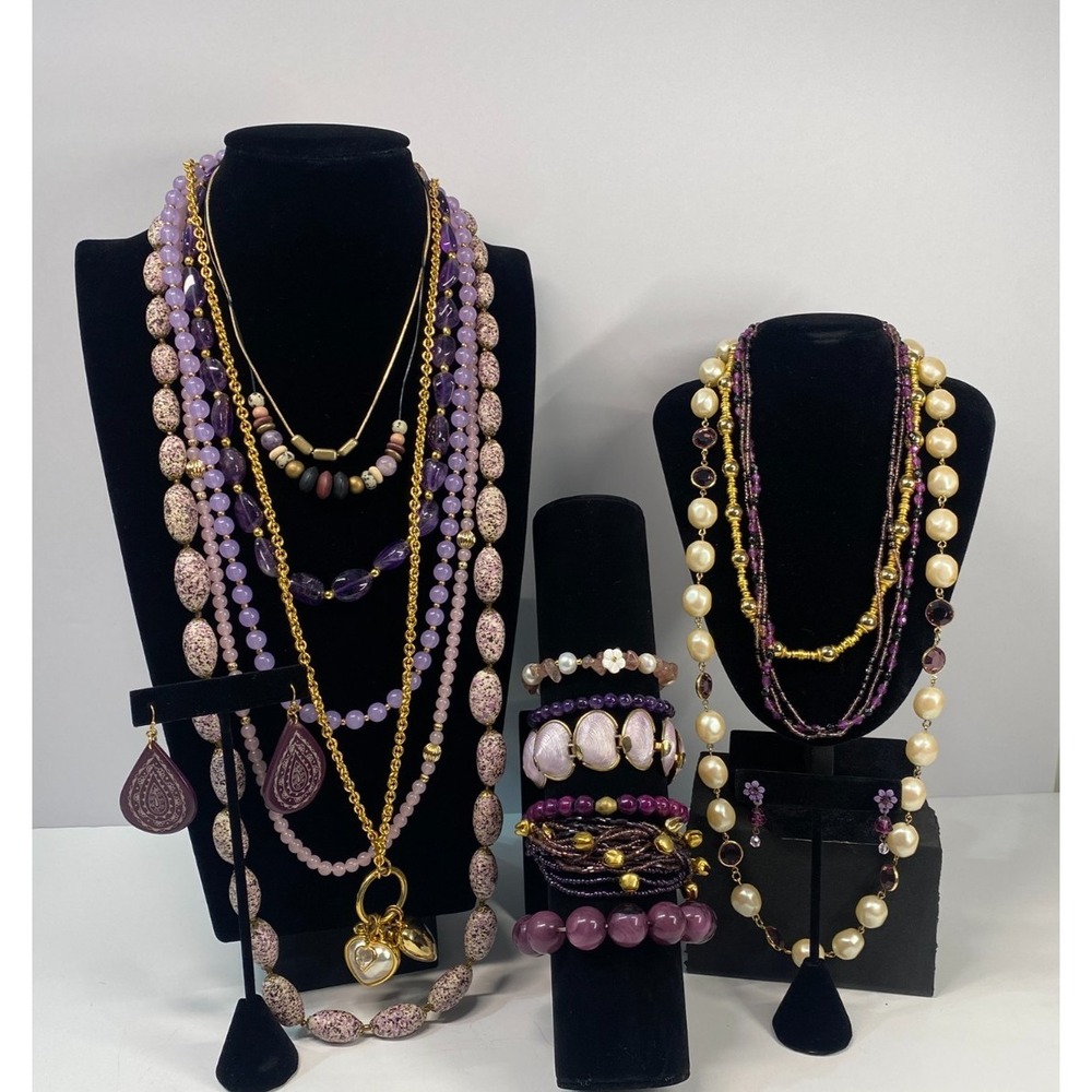 VTG Modern Mixed‎ Jewelry Lot Purples Pinks Gold Tone Pearl Stone Amethyst 17 pc